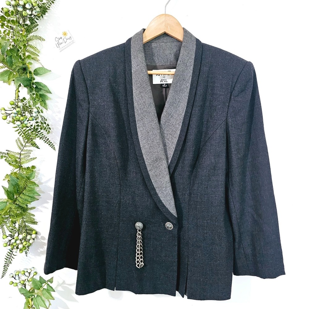 90s Kasper for ASL Wool Blazer Gray Shawl Collar Chain Detail Dark Academia